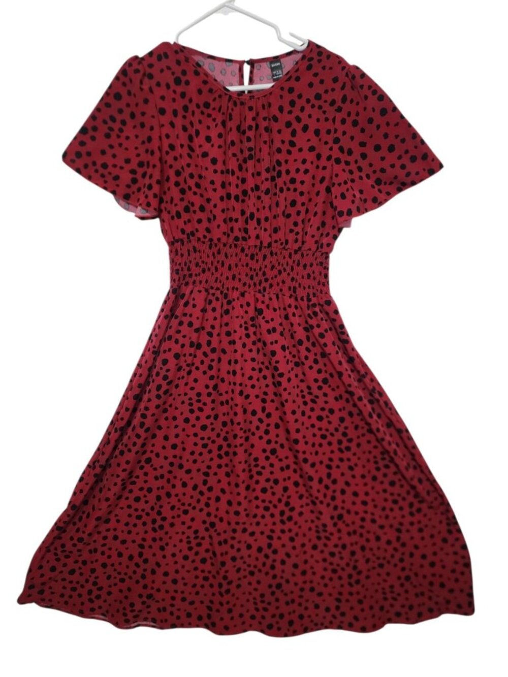 Shein Red Black Polka Dot Midi Dress L Smocked Waist Short Sleeve Flowy